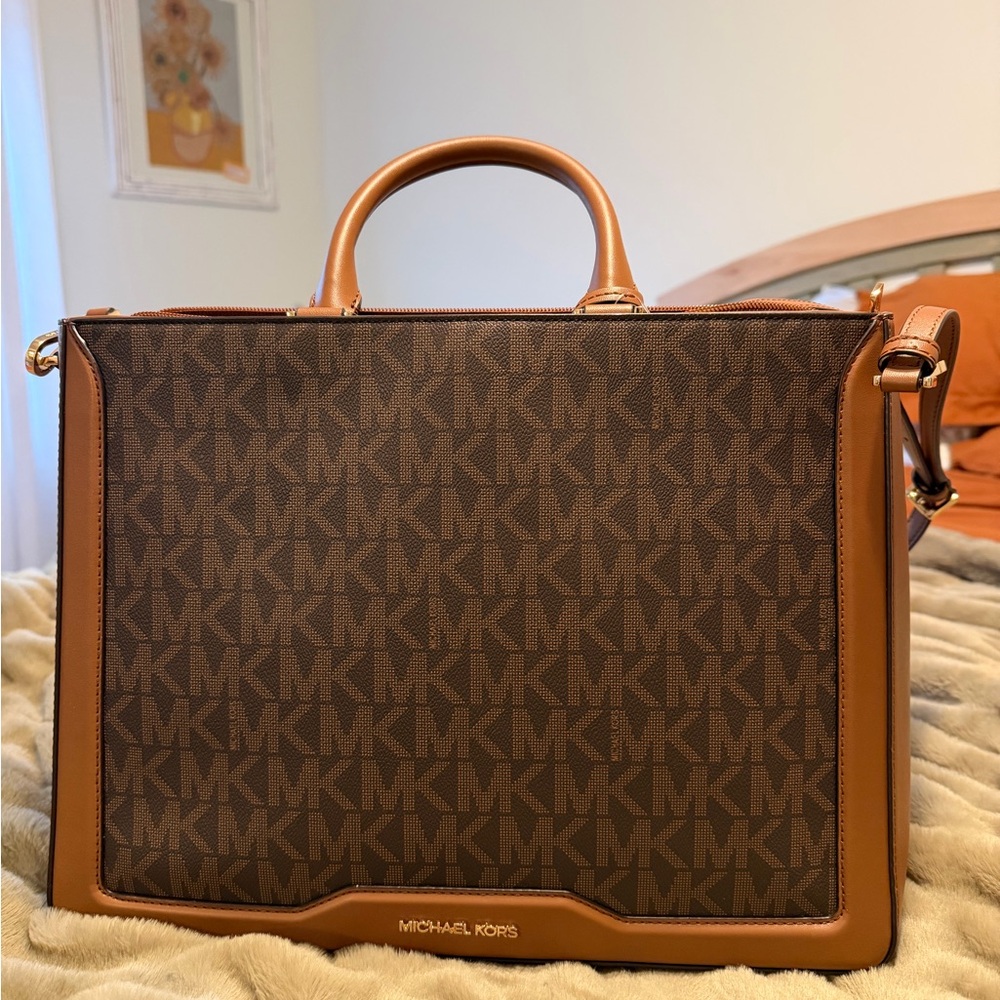 Michael Kors Tan and Brown Monogram Briefcase